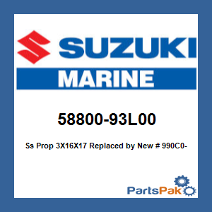Suzuki 58800-93L00 Stainless Steel Propeller 3X16X17 Lefthand; New # 990C0-0081L-17P