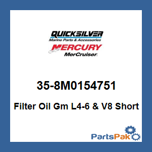 Quicksilver 35-8M0154751; Filter Oil Gm L4-6 & V8 Short