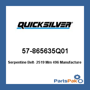 Quicksilver 57-865635Q01; Serpentine Belt- 2519 Mm 496- Replaces Mercury / Mercruiser
