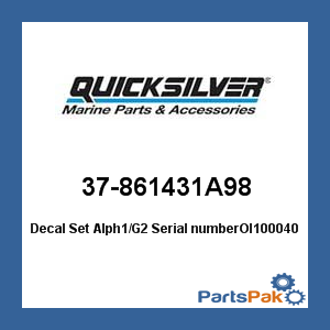 Quicksilver 37-861431A98; Decal Set Alph1/G2 Serial numberOl100040 and up- Replaces Mercury / Mercruiser