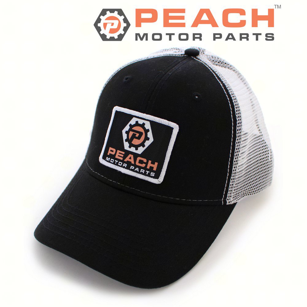 Peach Motor Parts PM-CLTH-HAT-012 Bio-Washed Trucker Hat Black / White Adjustable, 'Peach Motor Parts' Logo Patch; Fits 