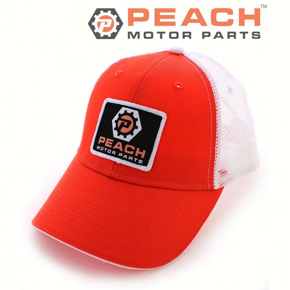 Peach Motor Parts PM-CLTH-HAT-015 Sandwich Trucker Hat Orange / White Adjustable, 'Peach Motor Parts' Logo Patch; Fits 
