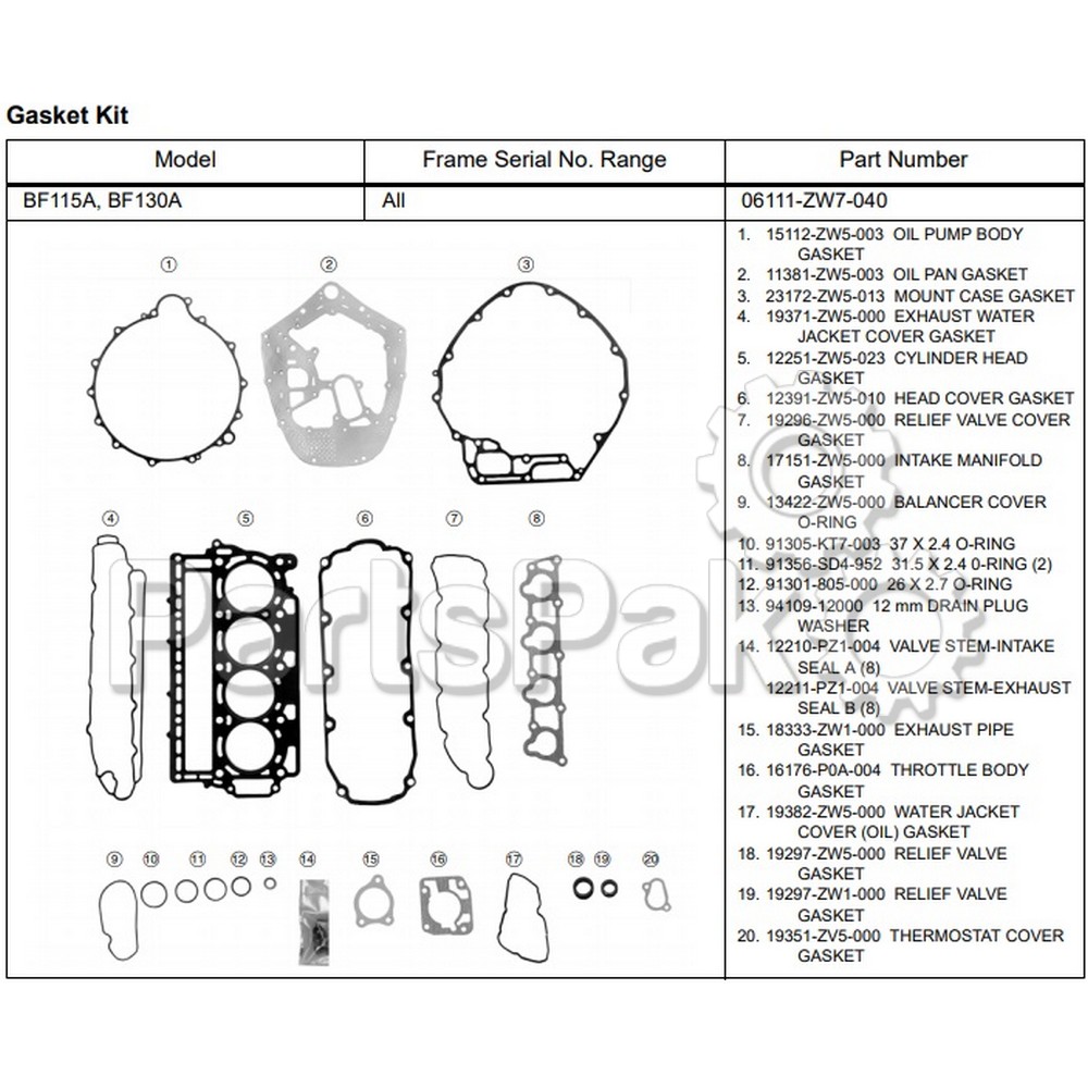 Honda 06111-ZW7-020 Gasket Kit; New # 06111-ZW7-040