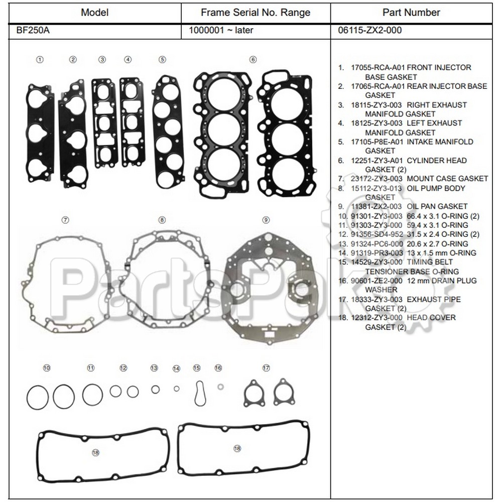 Honda 06115-ZX2-000 Gasket Kit (Bf250; New # 06115-ZX2-010