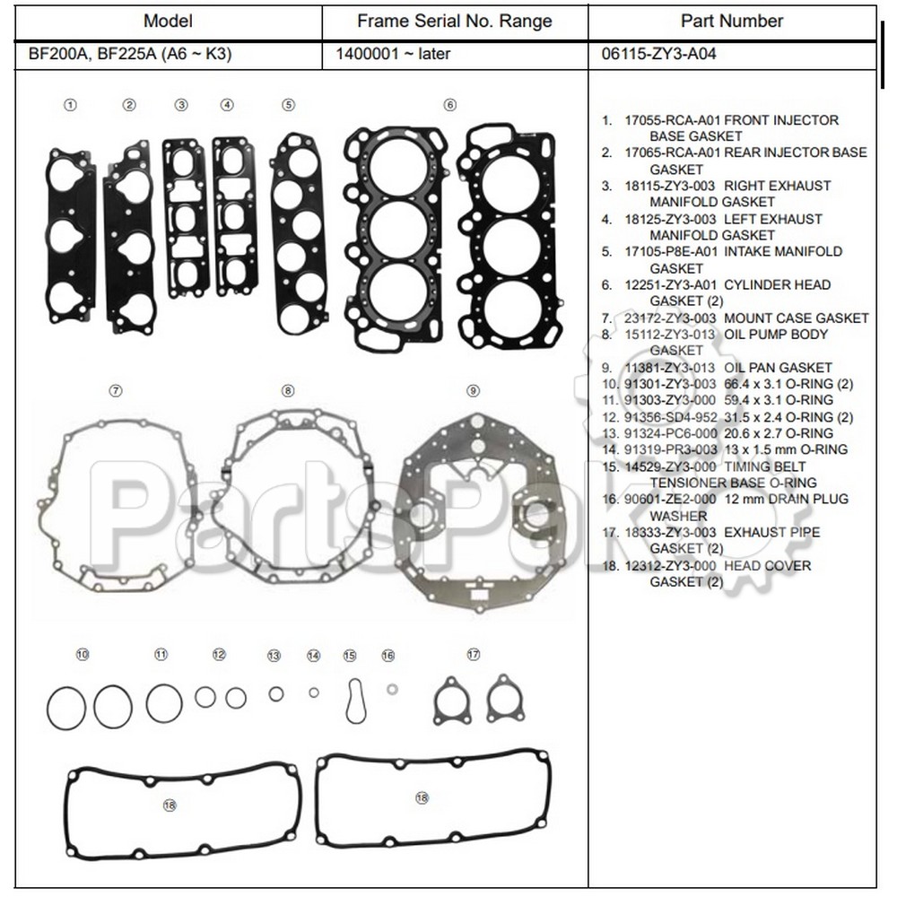 Honda 06115-ZY3-306 Gasket Kit; New # 06115-ZY3-A04