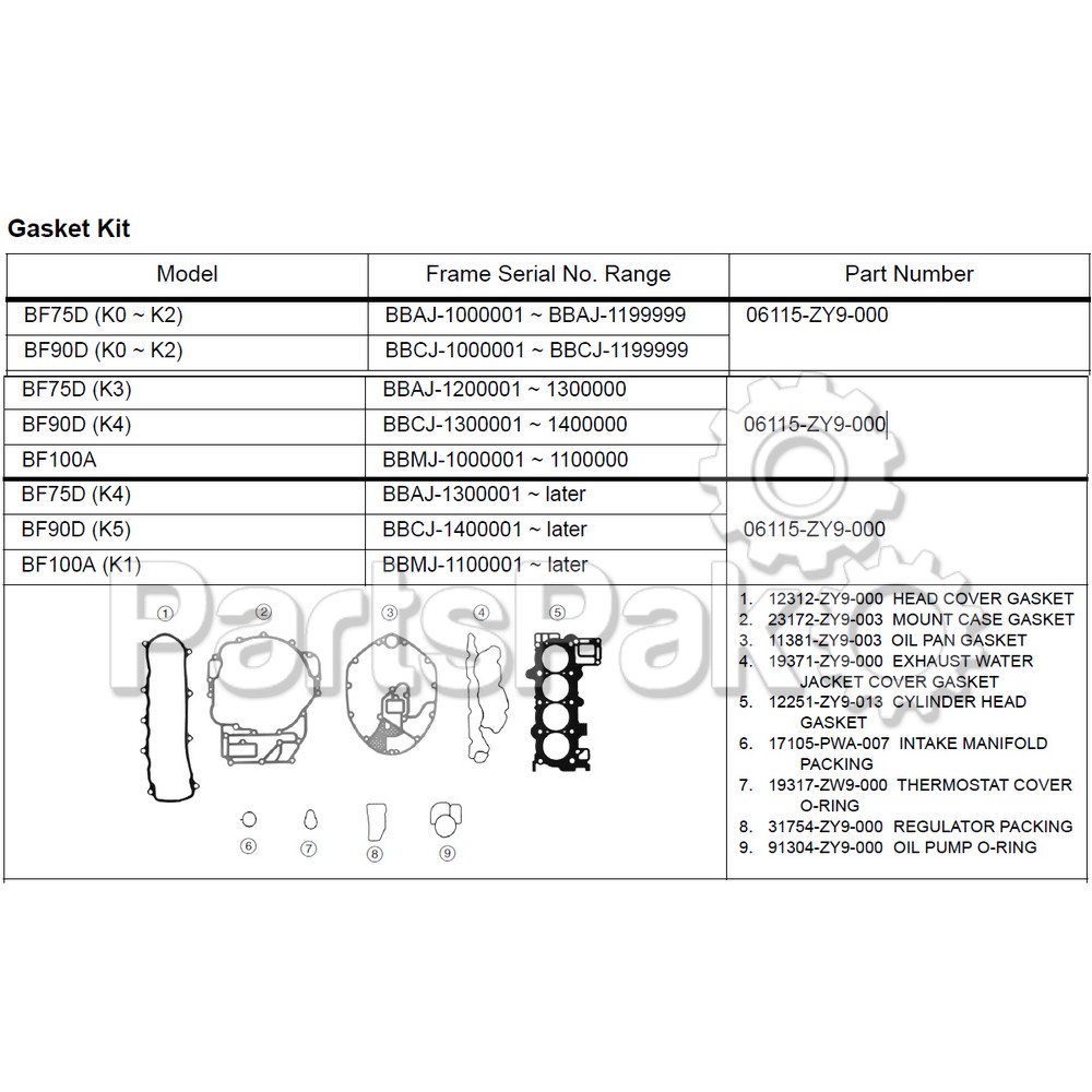 Honda 06115-ZY9-000 Gasket Kit; 06115ZY9000